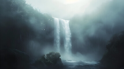 Misty morning shot of waterfall with fog in nature landscape