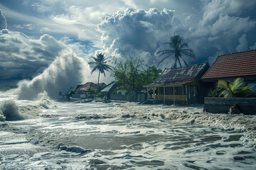 Generative ai on theme of a scary tsunami with huge foamy wave, apocalyptic dramatic background - obrazy, fototapety, plakaty