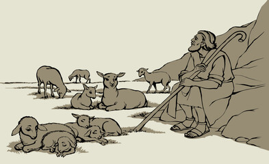 Vector drawing. Shepherd with sheep - 785098808