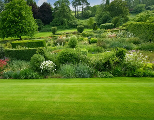 Panoramic view of a beautiful English style garden landscape with a green mowed lawn