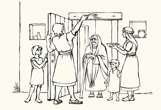 Vector drawing. The family fulfills God's command. Anoints the doorposts with the blood of the lamb