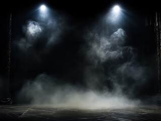 Black stage background, black spotlight light effects, dark atmosphere, smoke and mist, simple stage background, stage lighting, spotlights