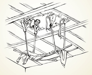 Vector drawing. The men dug up the roof to let the sick man in on a stretcher.