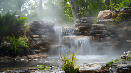 Misty morning shot of waterfall with fog in nature landscape