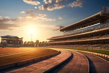 Fototapeta premium Horse racing on the track at sunset, in Shenzhen, China.