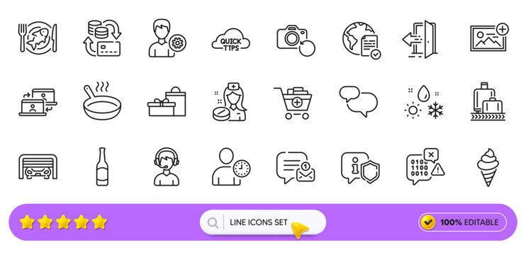 Nurse, Gifts and Frying pan line icons for web app. Pack of Parking garage, Shield, Entrance pictogram icons. Weather, Money change, Seafood signs. Time management, Consultant, Add products. Vector