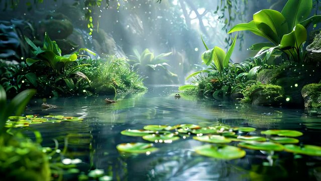 Tranquil Waters: Awe-Inspiring Views of a Clear River and Lush Bushes. Seamless looping time-lapse virtual 4k video animation background