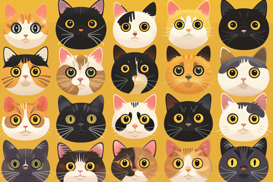 Colorful grid of cartoon cat faces with various expressions