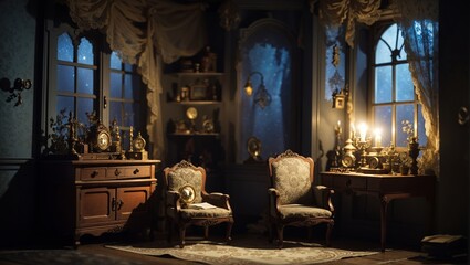 A dark wood paneled study with a large window, desk, and ornate chair.

 - obrazy, fototapety, plakaty