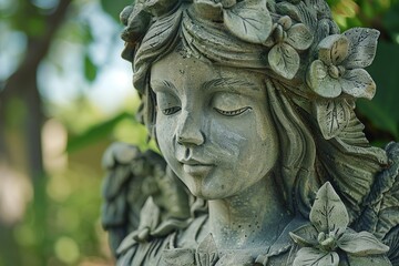 A captivating representation of a nymph, dryad, or fairy sculpted from stone and adorned with lush foliage, standing tall amidst a tranquil forest  this statue serves as a powerful symbol of the Guard