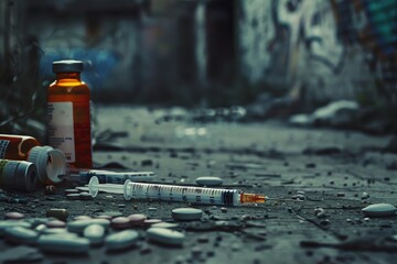 An eerie image of a discarded syringe lying on the ground, surrounded by empty pill bottles and vials