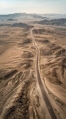 An endless straight line road winding its way through a vast, empty desert landscape, whispering a call to adventure