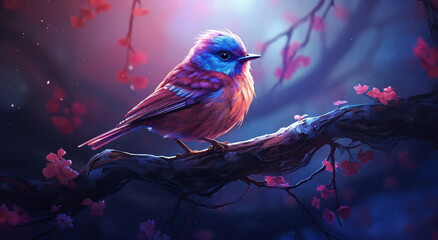 a bird sitting on a branch with pink flowers on it's branches and a blue sky in the background - obrazy, fototapety, plakaty