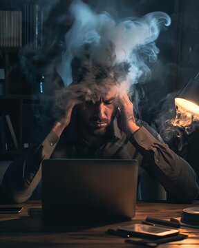 An overworked businessman sits in front of his laptop, smoke billowing from his head, as he struggles with a burnout from an overwhelming workload