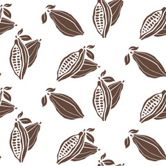 Cacao beans pattern vector illustration. Cocoa hand drawn doodle texture. Chocolate bean sketch background. Cacao plant part, cacao leaves. Design for cafe chocolate dessert, shop menu, chocolate bar