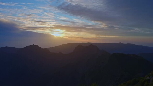 Aerial view of a magic sunset sky over Pico Ruivo, Madeira Island. Portugal