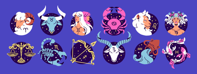 Zodiac signs with round shape set. Twelve symbols of astrology horoscope. Constellations' calendar: Aries, Gemini, Cancer, Leo, Virgo, Libra, Sagittarius, Pisces. Flat isolated vector illustration