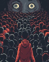 A pixel art piece illustrating the concept of shame, with a character shrinking in a crowded space surrounded by judgmental eyes Use a limited color palette to emphasize the emotion