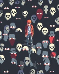 A pixel art piece illustrating the concept of shame, with a character shrinking in a crowded space surrounded by judgmental eyes Use a limited color palette to emphasize the emotion