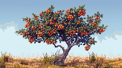 A pixel art piece of a fruit tree with shriveled fruits and pale leaves, exploring themes of nutrient deficiency and decay - obrazy, fototapety, plakaty