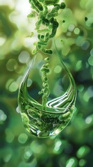 A surreal long shot of Spirulina extract swirling in a crystal clear water droplet, highlighting its vibrant green hue and intricate microscopic details Use advanced digital rendering technique