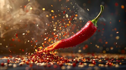 A red chili pepper plunges into clear water, creating a splash of tiny bubbles - obrazy, fototapety, plakaty