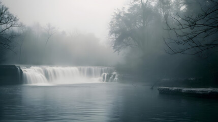 Misty morning shot of waterfall with fog in nature landscape