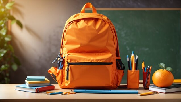Two orange backpacks sit on a desk next to some books and a pumpkin.

