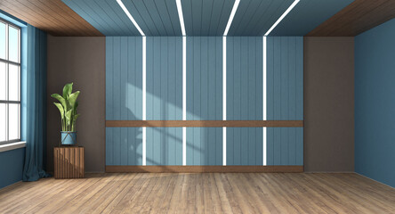 Modern empty room with blue walls and wooden paneling
