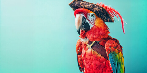 A red macaw wearing a pirate costume with hat, on a pastel blue background with copyspace