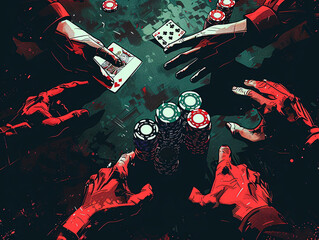 A dark illustration of a blackjack table, where the players shadows morph into grasping hands, clawing at cards and chips - obrazy, fototapety, plakaty