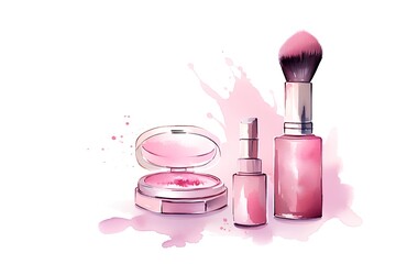 Cosmetic products. Makeup brushes, powder, lipstick. Vector illustration