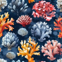 Fototapeta na wymiar Blue background with watercolor illustrations of corals and animals in marine style.