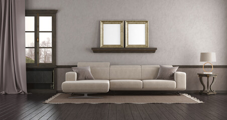 Elegant living room interior with sofa and decorative frames
