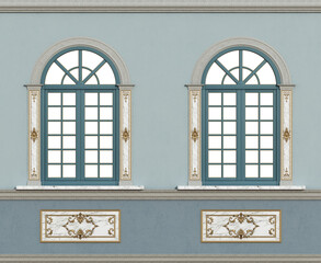 Elegant classical facade with arched windows on blue wall