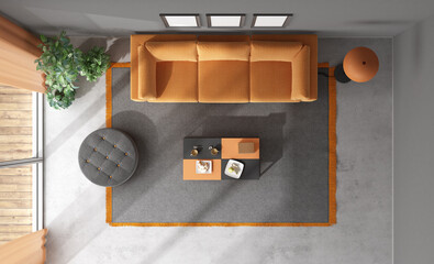 Modern living room interior from above with orange sofa