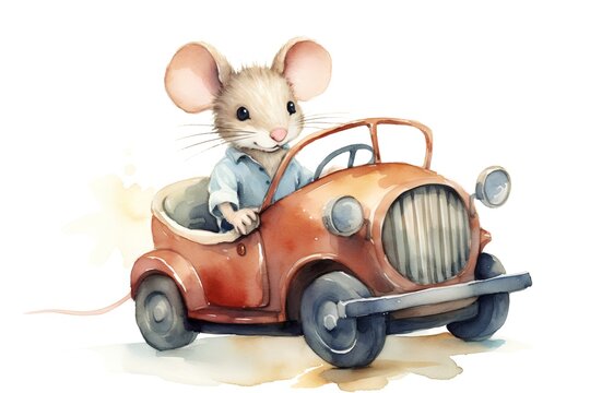 Cute little mouse riding a vintage car. Watercolor illustration.