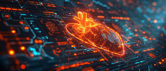 A heartbeat trace in glowing neon coral, overlaying a hightech medical monitor display with critical patient stats