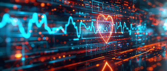 A heartbeat trace in glowing neon coral, overlaying a hightech medical monitor display with critical patient stats
