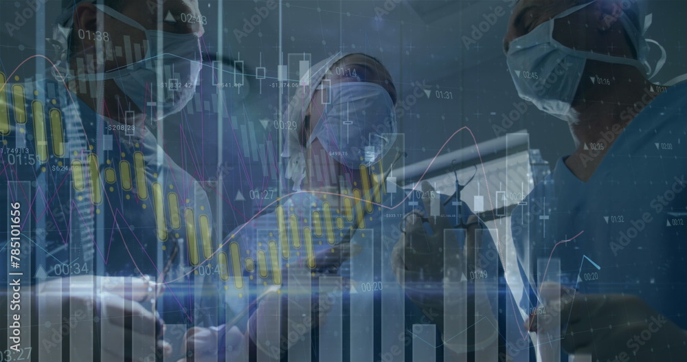 Poster image of statistical data processing over team of surgeons performing operation at hospital