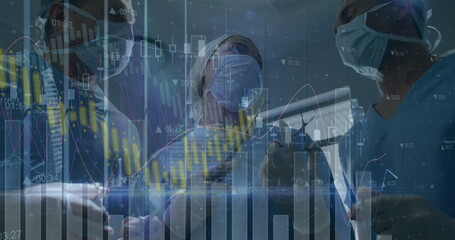 Image of statistical data processing over team of surgeons performing operation at hospital