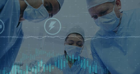 Image of rotating dna over caucasian female anesthesiologist using smartphone