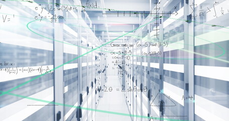 Image of mathematical equations against light trails over computer server room