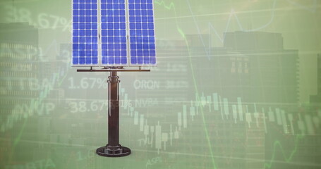 Image of financial data processing over solar panel on cityscape background