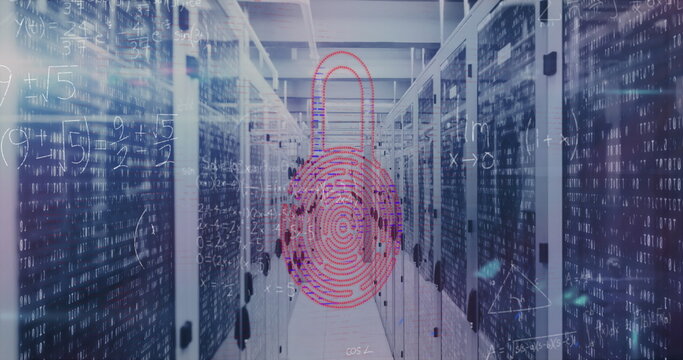 Image of security padlock icon and mathematical equations against computer server room