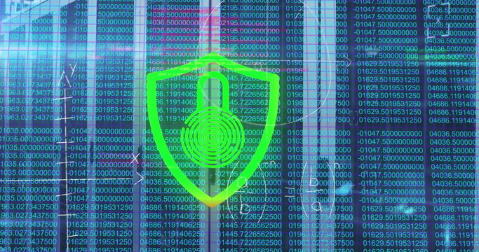Image of security padlock icon and mathematical equations against computer server room