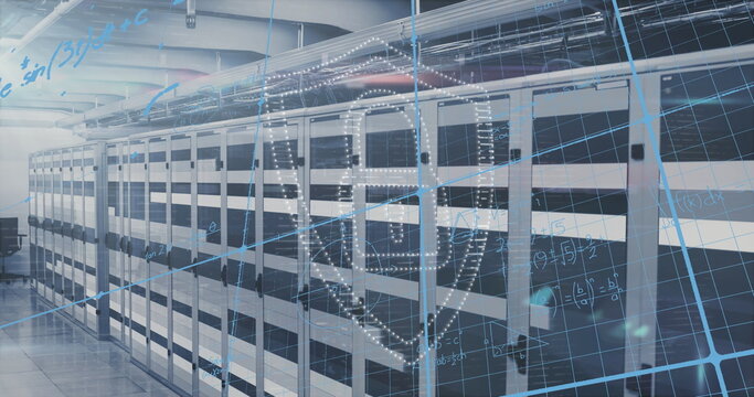 Image of security padlock icon and mathematical equations against computer server room - Powered by Adobe