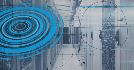 Image of scope scanning with data processing and mathematical equations over server room