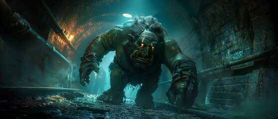 A low angle view of a troll with glowing tattoos, striding through a dark underpass with pipes hissing steam around it