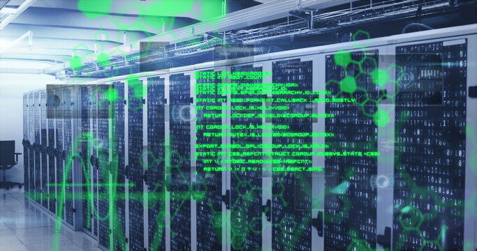 Image of chemical formula with data processing over server room
